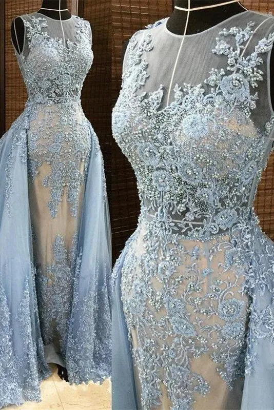 Gorgeous Column Sleleveless Long Evening Dresses Lace Appliques Beading Chic Prom Party Gowns with Overskirt