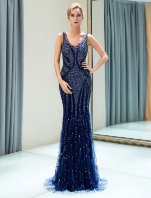 Gorgeous Evening Dresses Dark Navybeading Luxury V Neck Sleeveless Mermaid Formal Gowns