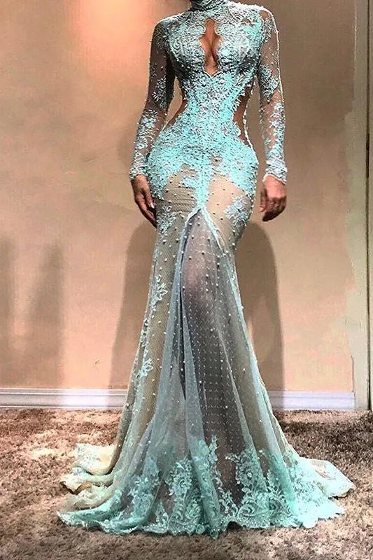 Gorgeous Long Sleeves Mermaid Evening Dress Lace Formal Dress