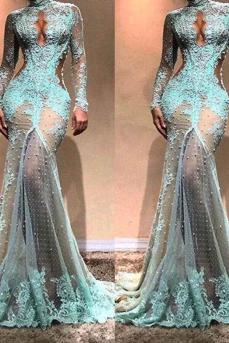 Gorgeous Long Sleeves Mermaid Evening Dress Lace Formal Dress