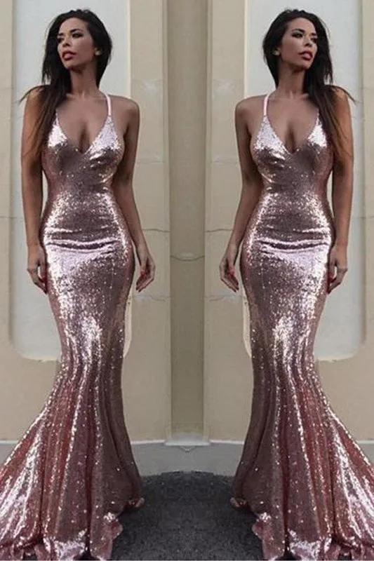 Gorgeous Sequins V-Neck Mermaid Sequins Prom Party Gowns