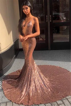 Gorgeous Spaghetti-Straps Sequins Mermaid Prom Party Gowns