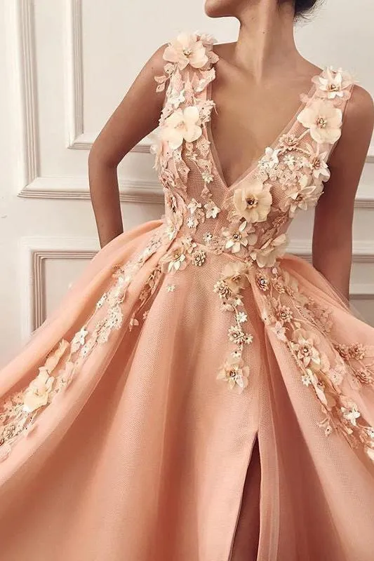 Gorgeous Straps V-Neck Flower Appliques A-Line Prom Party Gowns
