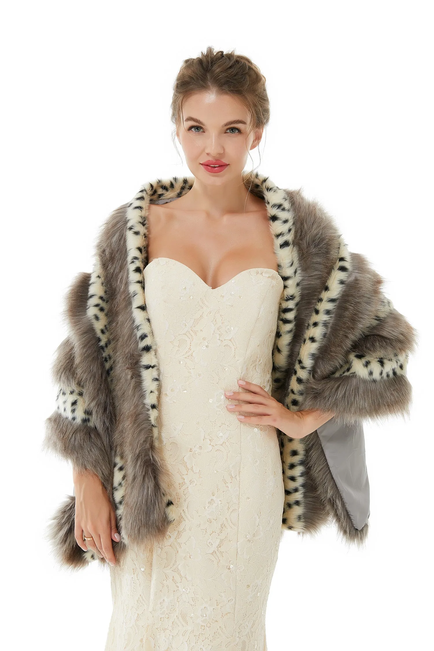 Gray Stripe Faux Fur Black and White Wedding Shawl For Bride