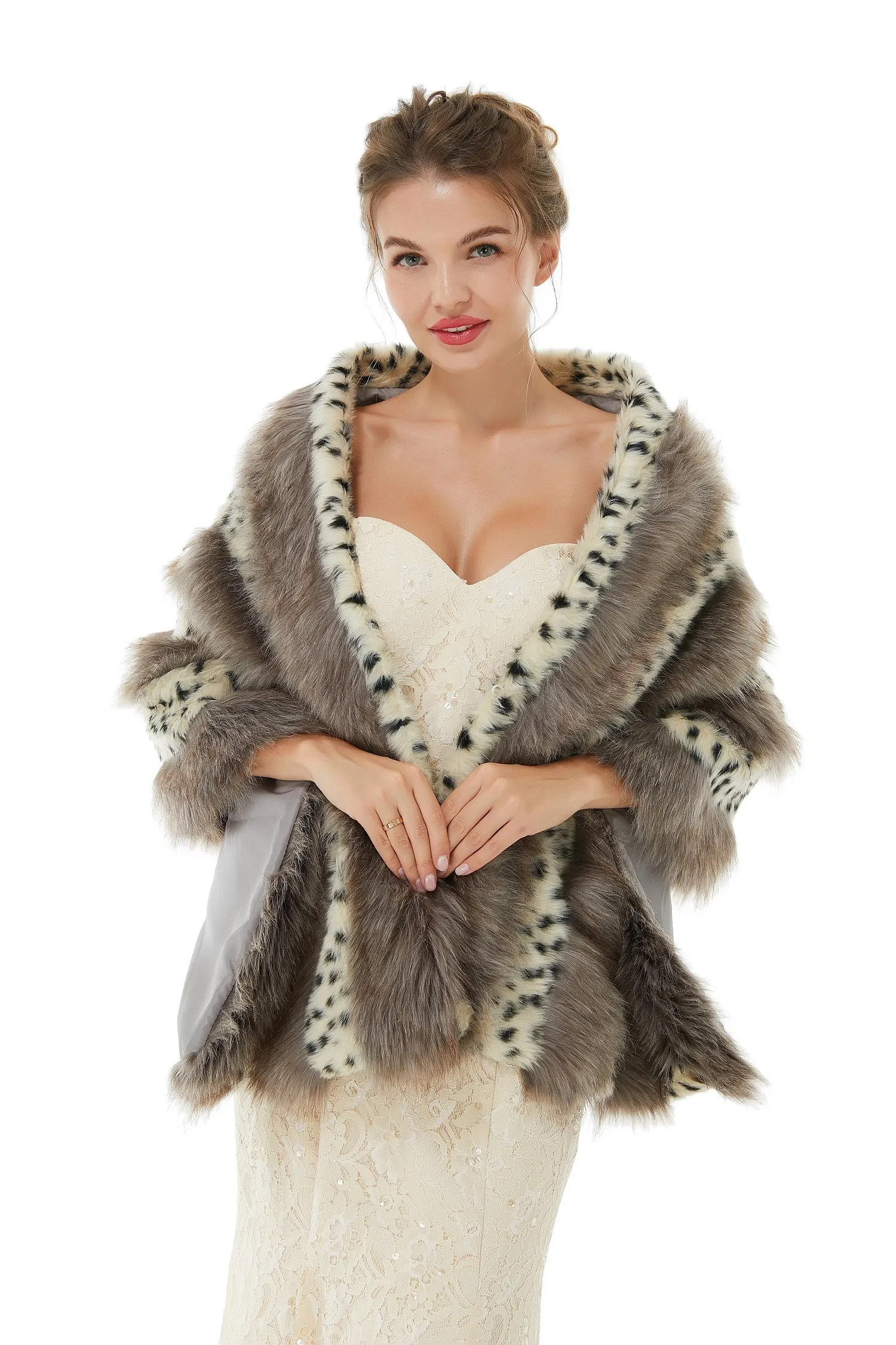 Gray Stripe Faux Fur Black and White Wedding Shawl For Bride