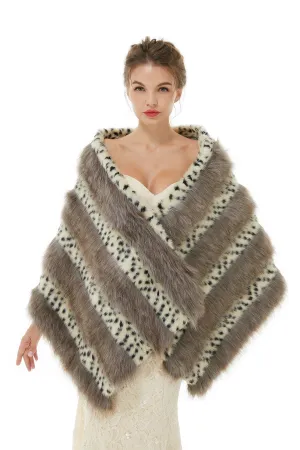 Gray Stripe Faux Fur Black and White Wedding Shawl For Bride