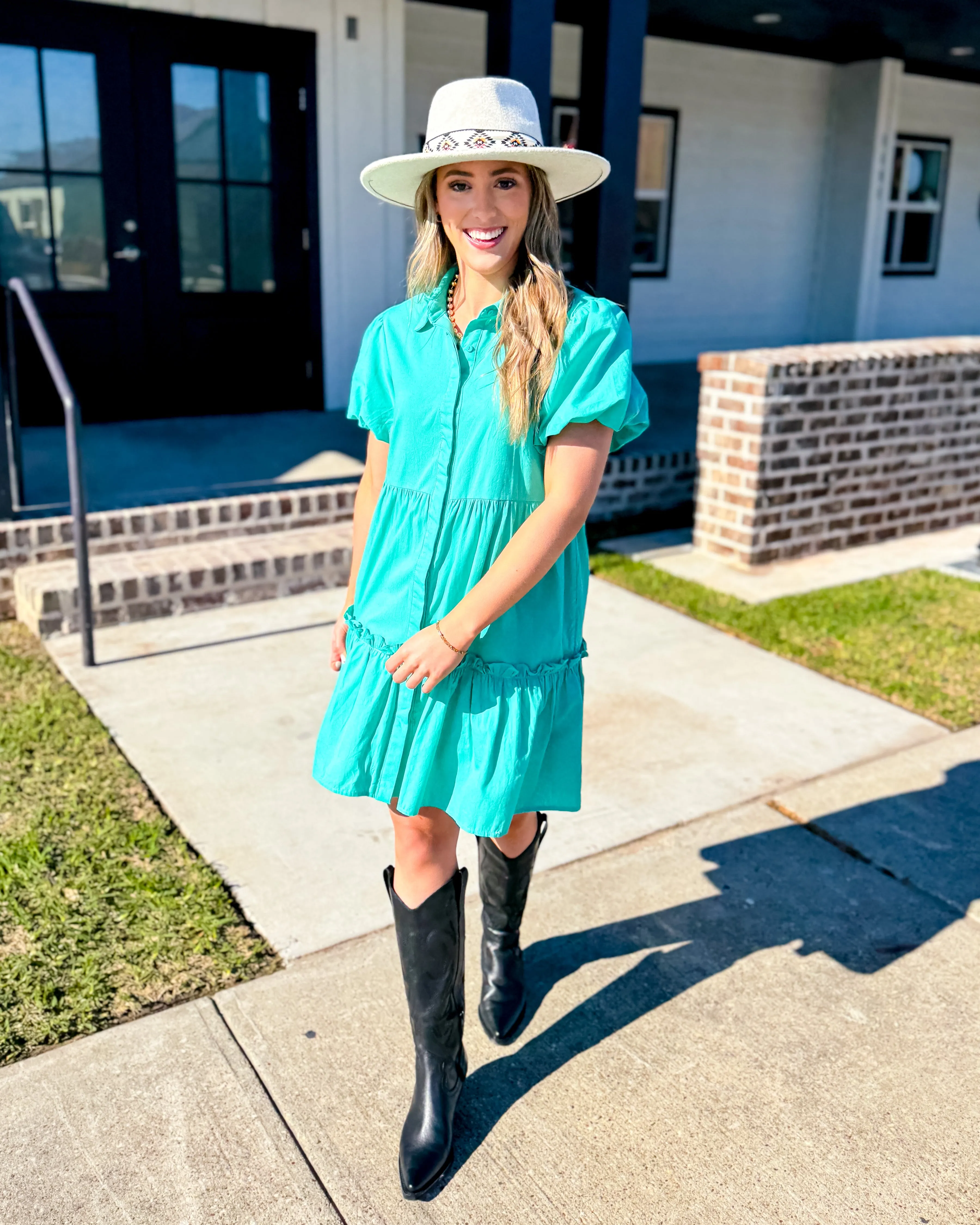 Green Puff Sleeve Button Down Dress