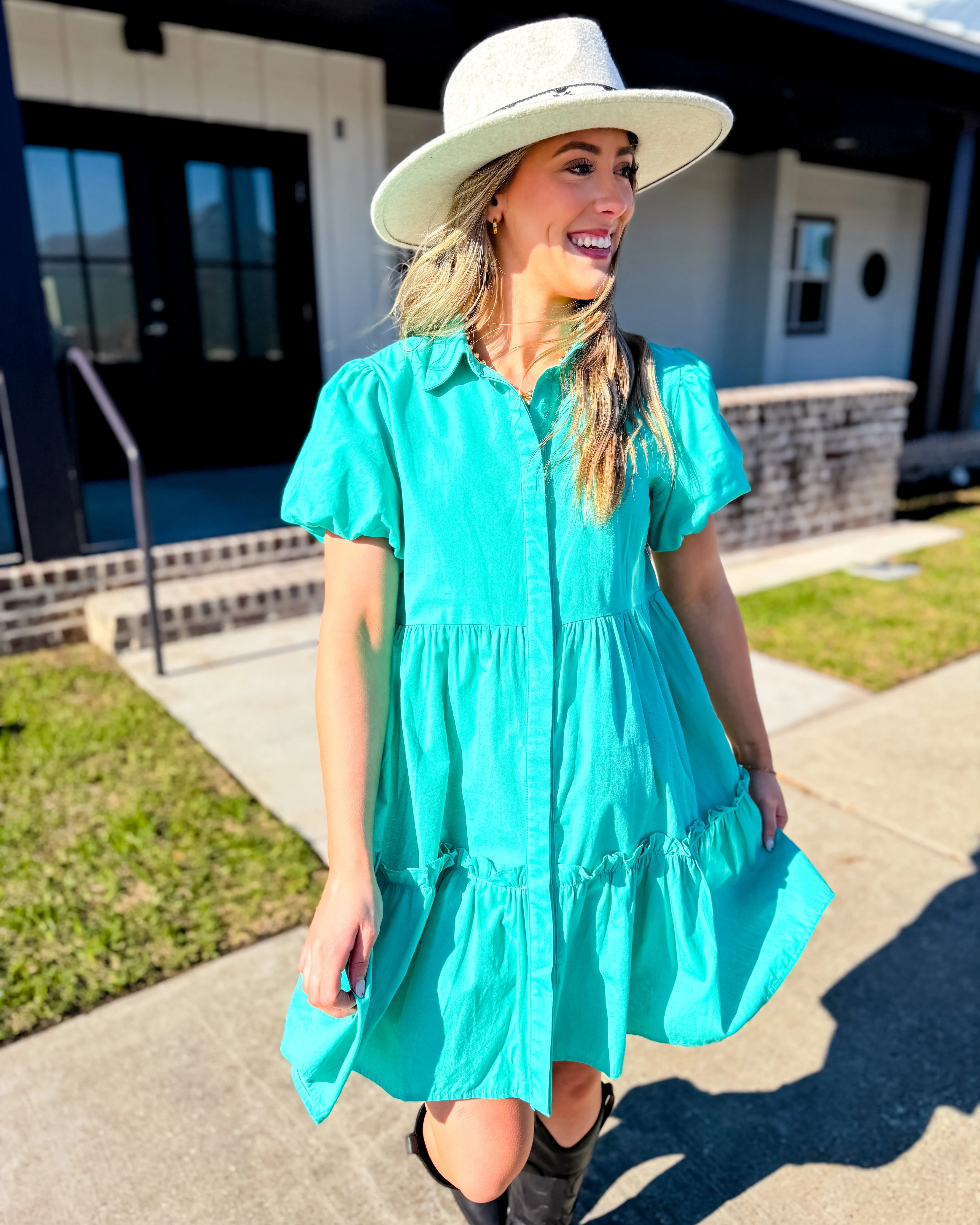 Green Puff Sleeve Button Down Dress