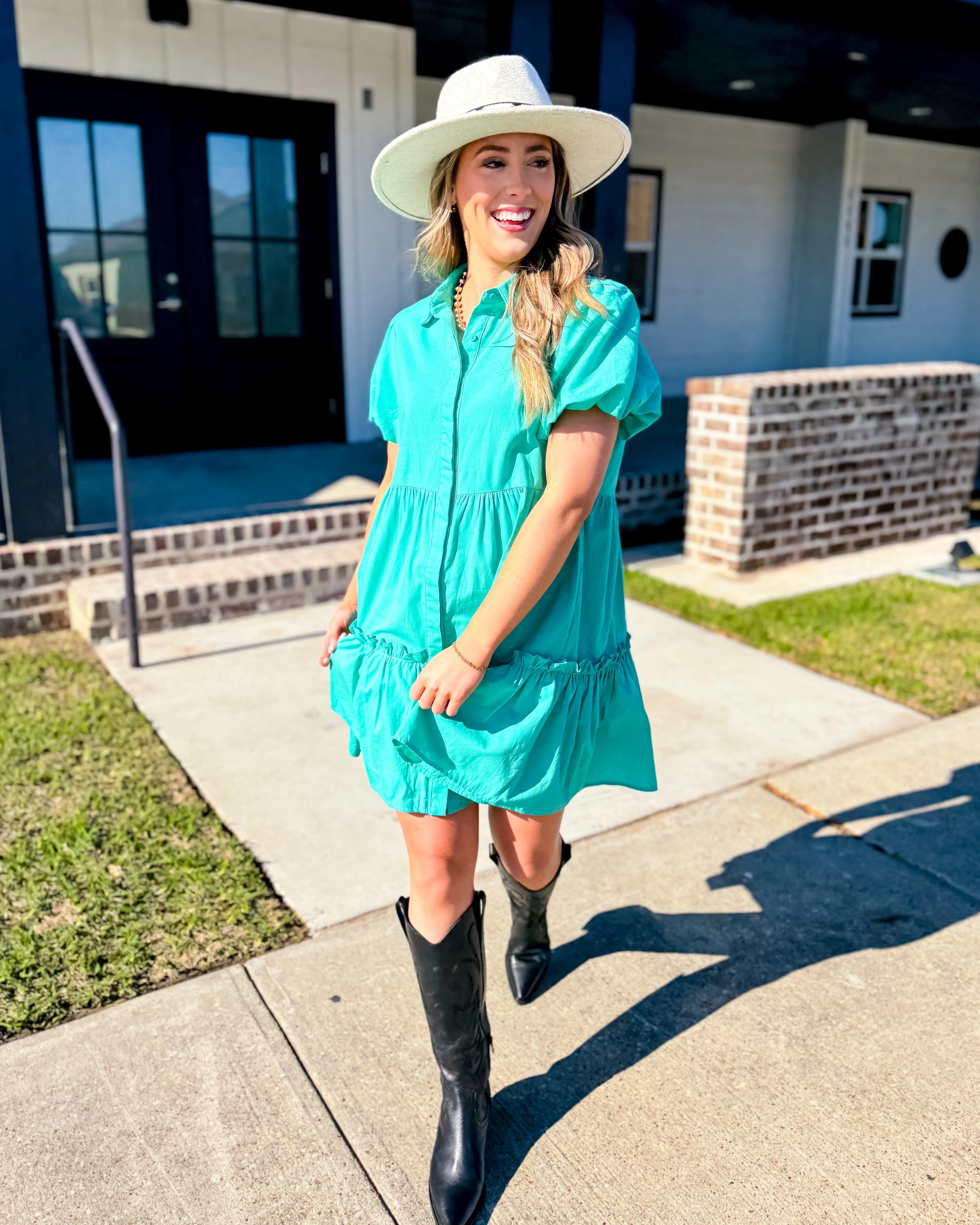 Green Puff Sleeve Button Down Dress