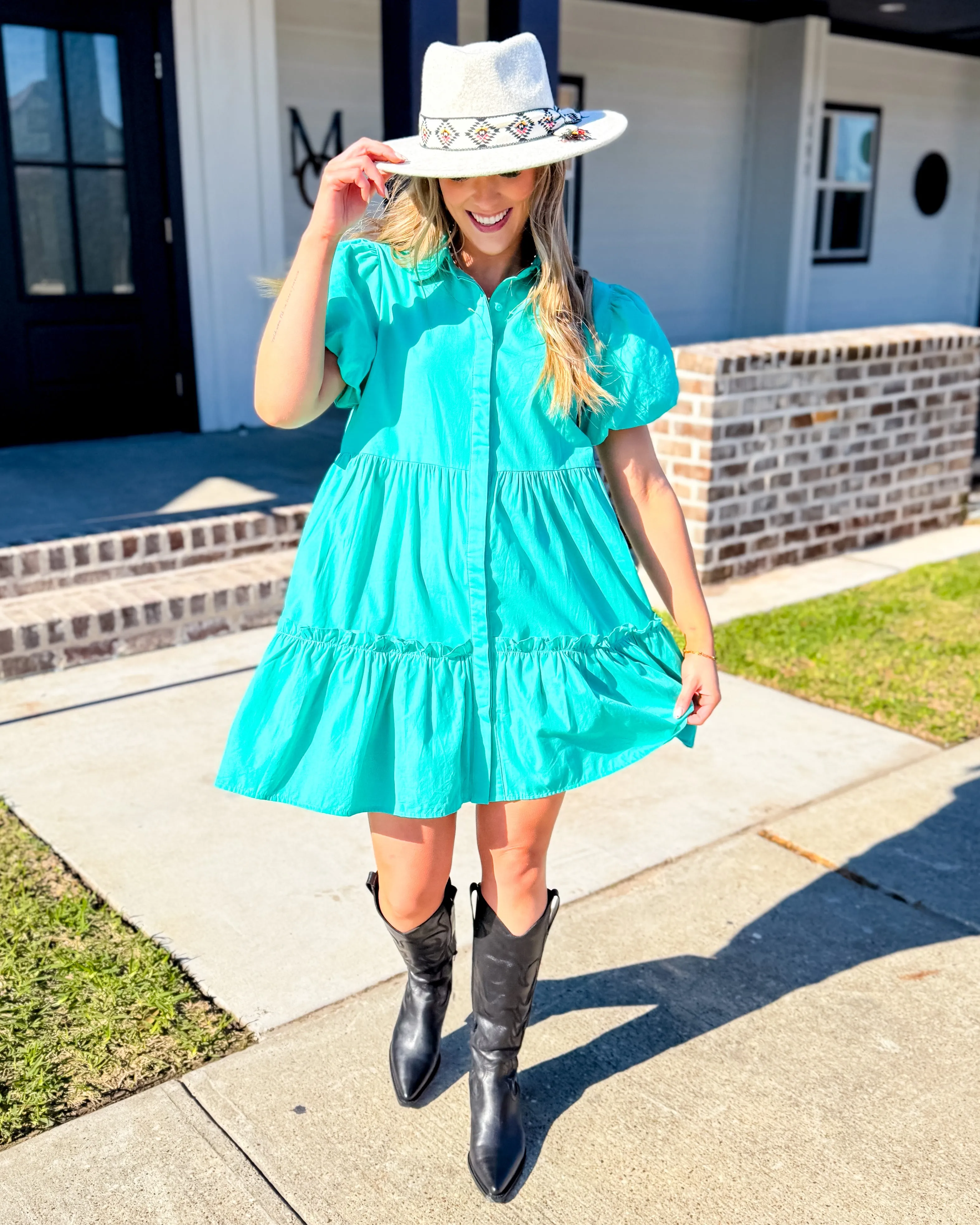 Green Puff Sleeve Button Down Dress