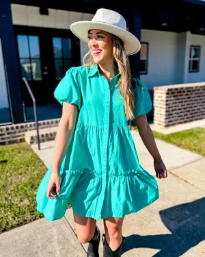 Green Puff Sleeve Button Down Dress