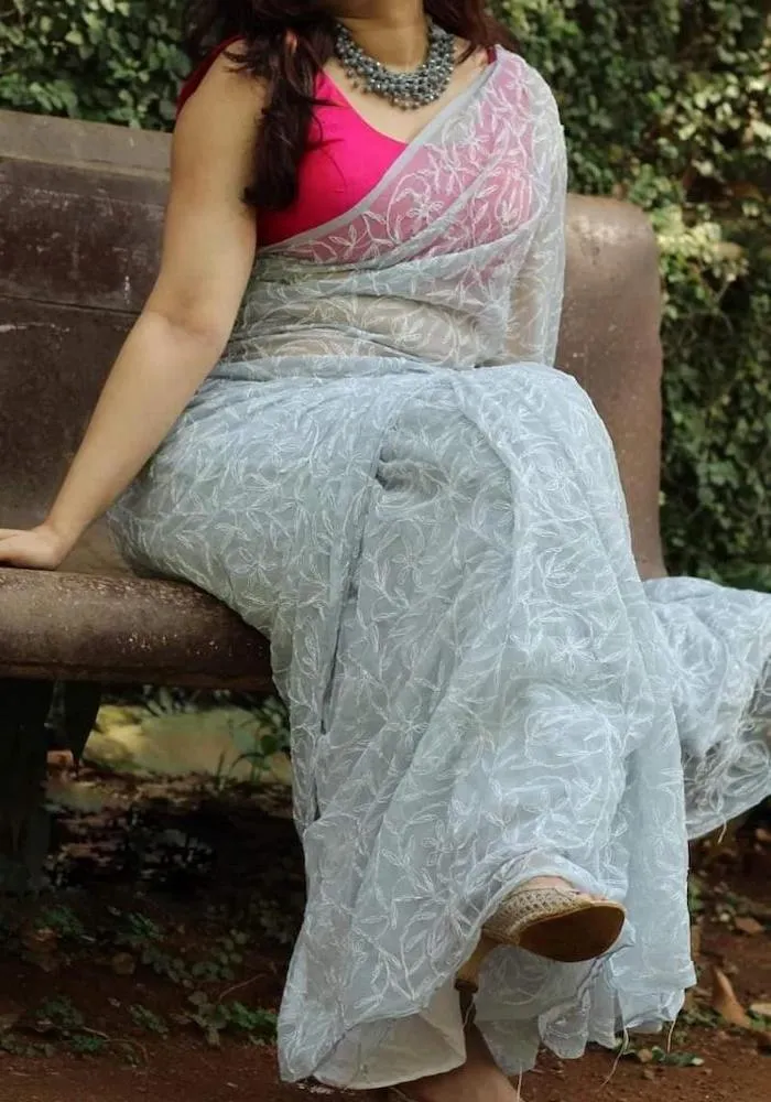Grey  Lucknowi Tepechi Work Saree