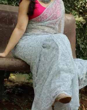 Grey  Lucknowi Tepechi Work Saree
