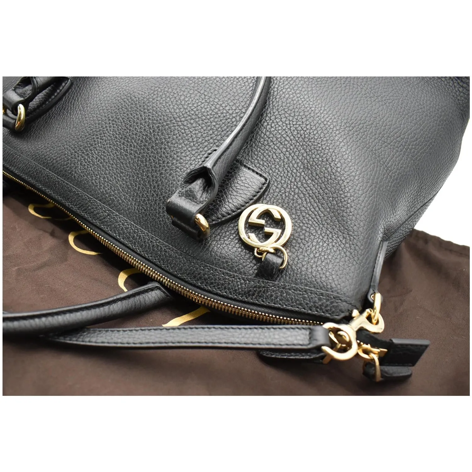 GUCCI Dome Large GG Charm Pebbled Leather Satchel Bag Black 449660