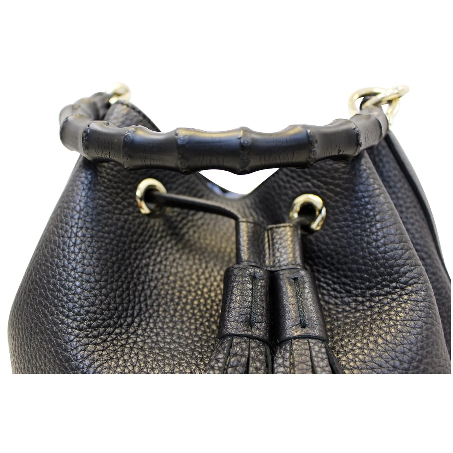GUCCI Miss Bamboo Medium Leather Bucket Shoulder Handbag Black 387613