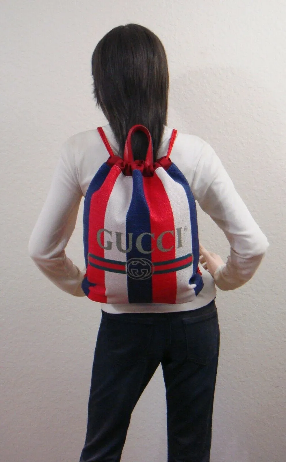 Gucci Striped Canvas Web Logo Drawstring Backpack