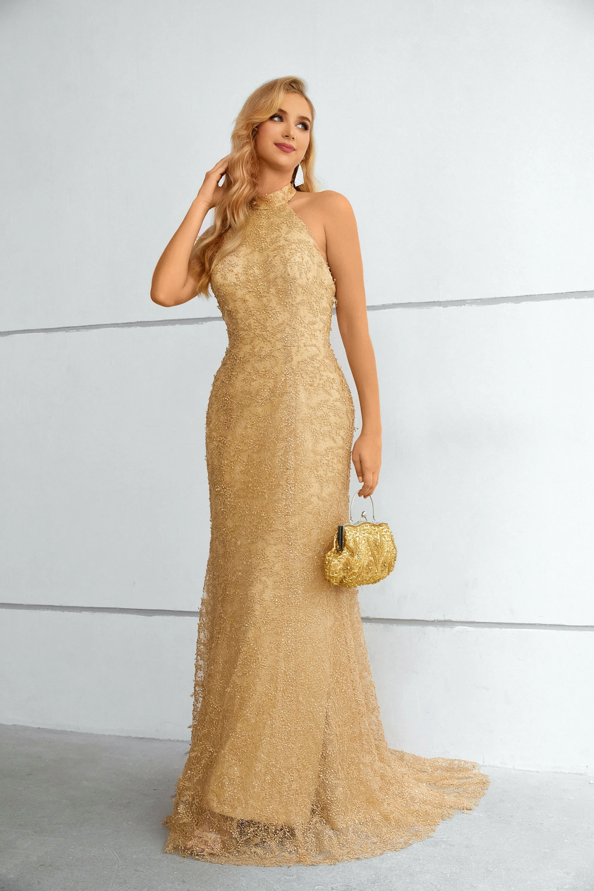 High Collar Mermaid Floor-length Sleeveless Backless Appliques Lace Modest Prom Dress
