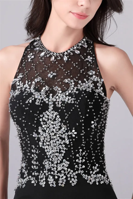 Jewel sleeveless floor length paillette high slit mermaid mother's dress