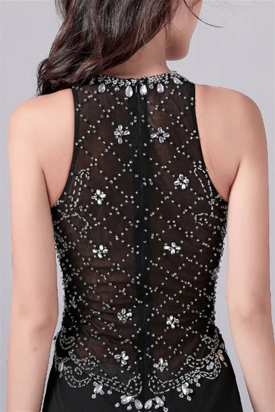 Jewel sleeveless floor length paillette high slit mermaid mother's dress