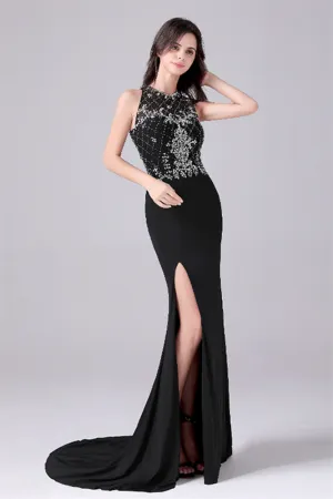 Jewel sleeveless floor length paillette high slit mermaid mother's dress