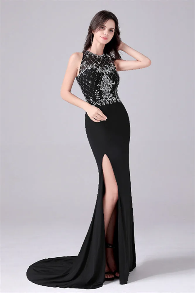 Jewel sleeveless floor length paillette high slit mermaid mother's dress