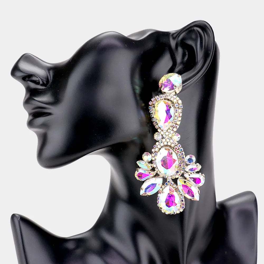 Large AB Crystal Rhinestone Statement Pageant Earrings on Gold  | 486790
