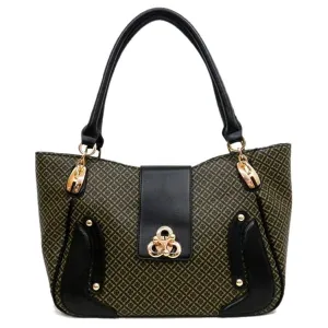 LBA black Golden lock polka signature print satchel Bag Purse Black ivy FM232