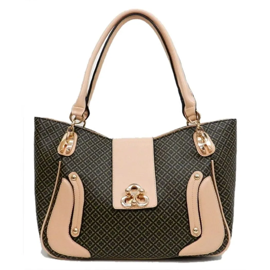LBA black Golden lock polka signature print satchel Bag Purse Black ivy FM232