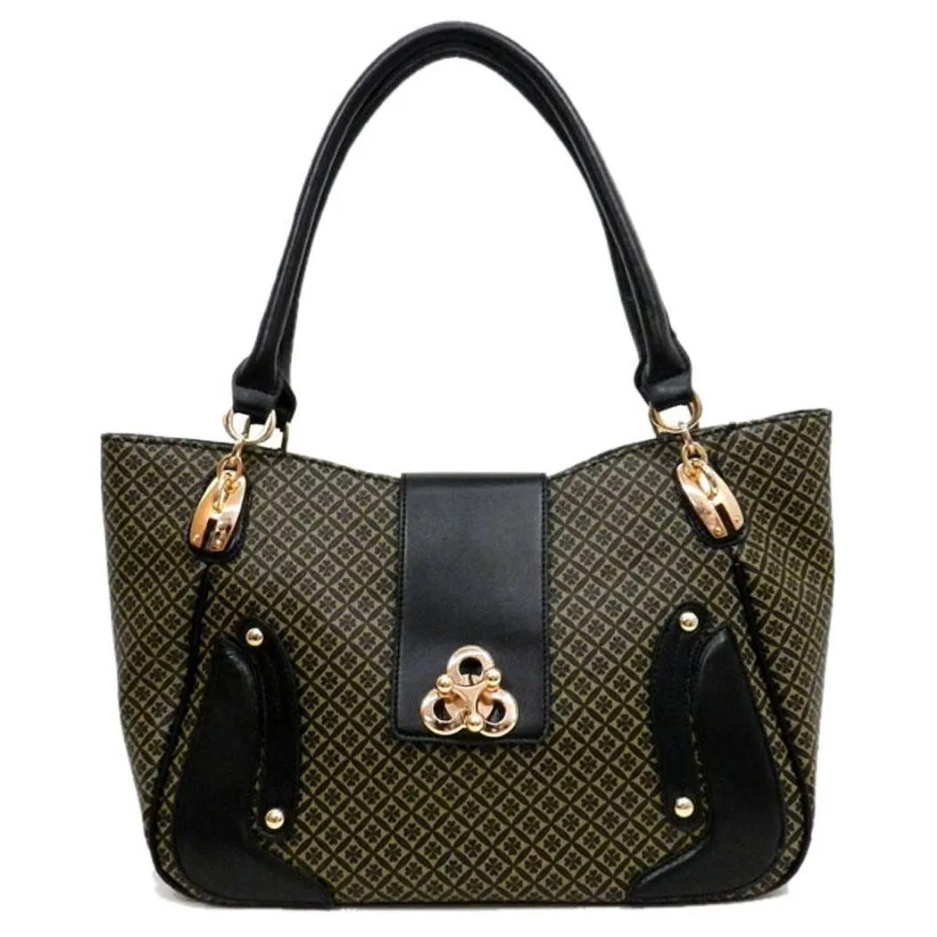 LBA black Golden lock polka signature print satchel Bag Purse Black ivy FM232