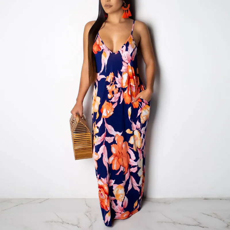 Leaf Print Sleeveless Maxi Dress