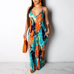 Leaf Print Sleeveless Maxi Dress