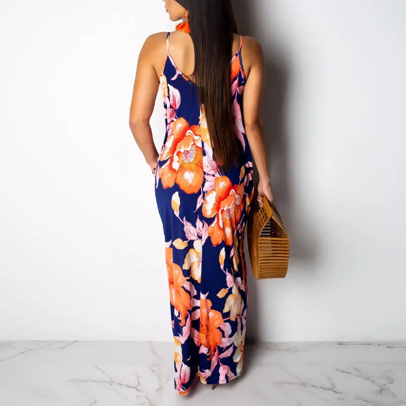 Leaf Print Sleeveless Maxi Dress