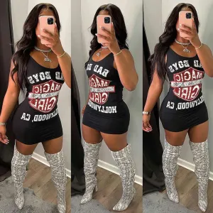 Letter Print Sleeveless Bodycon Dress