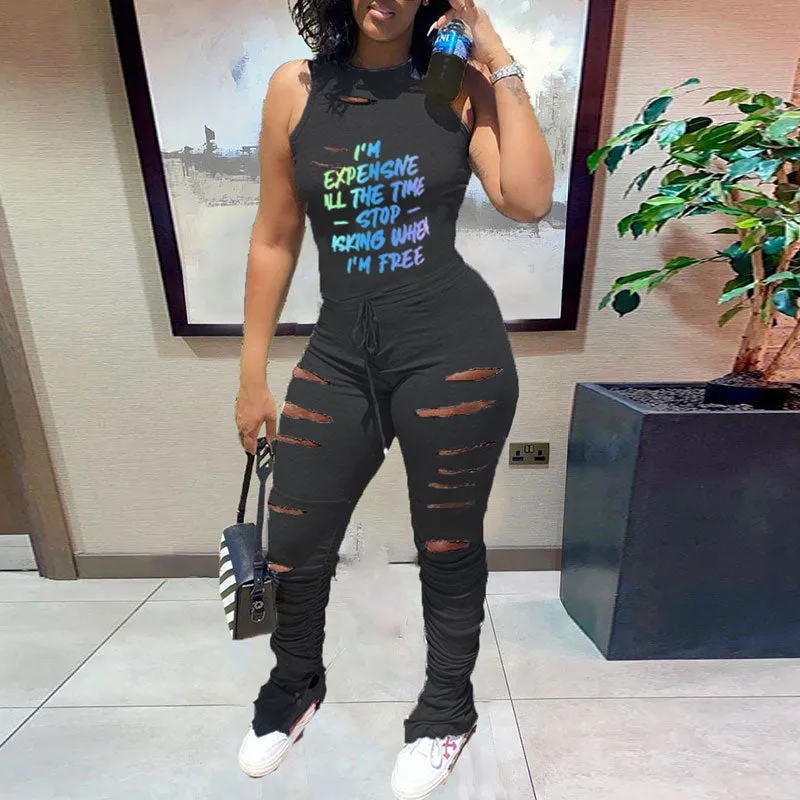 Letter Print Sleeveless Cut Out Ruched Jumpsuit