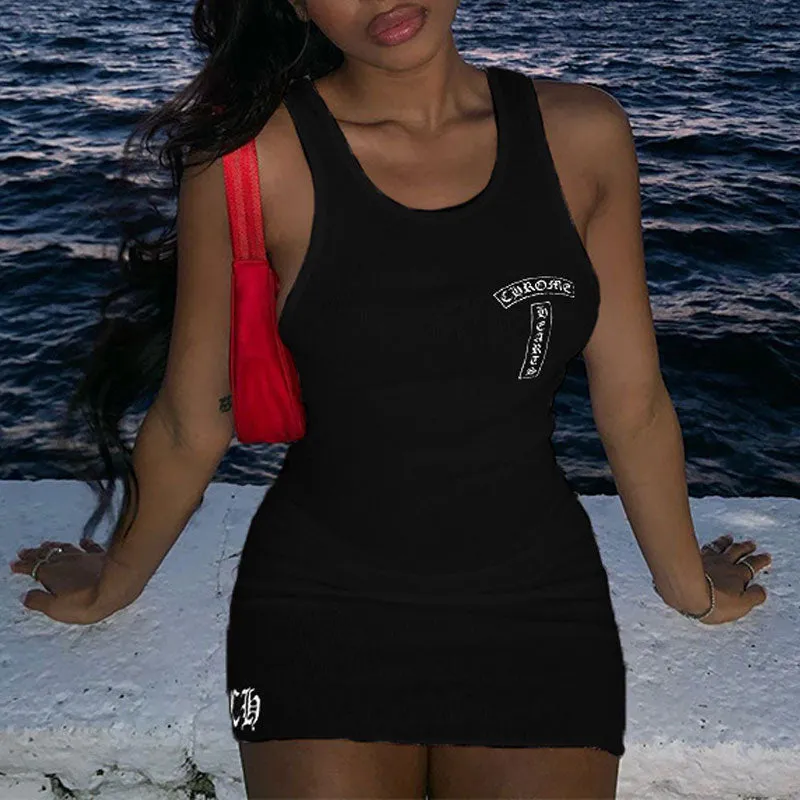Letter Print Sleeveless U Neck Bodycon Dress