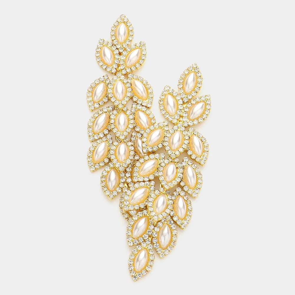 Long Cream Pearl Marquise Earrings on Gold  | 577537