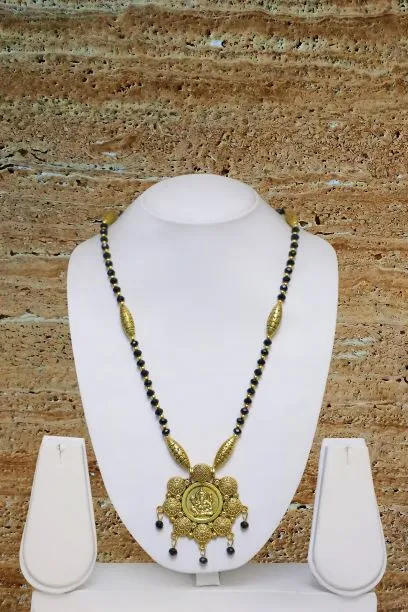 Long Mangalsutra Designs Gold Plated Latest Big Crystal Black Beads Chain Lord Ganesha Pendant Oxidized 30 Inches Mangalsutra