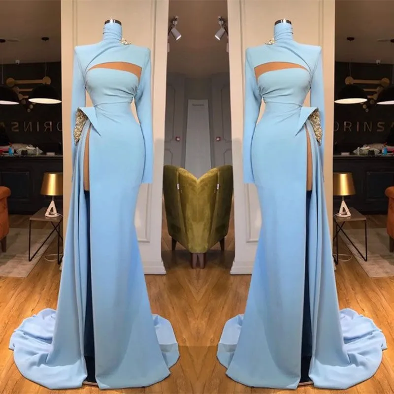 Long Sleeves High Neck Mermaid Prom Dress Long With Slit