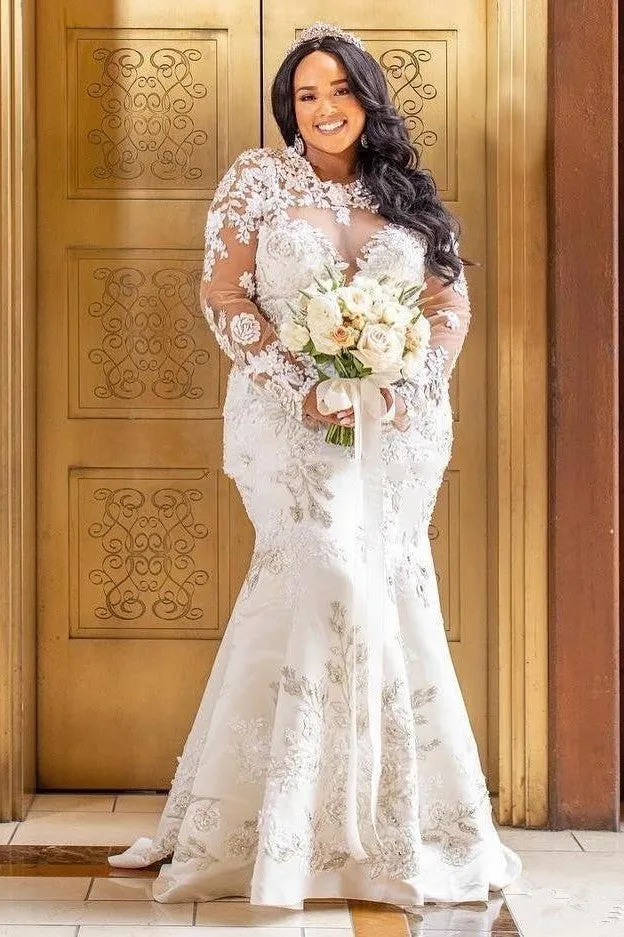 Long Sleeves Lace White Mermaid Bridal Gowns with Trendy Overskirt