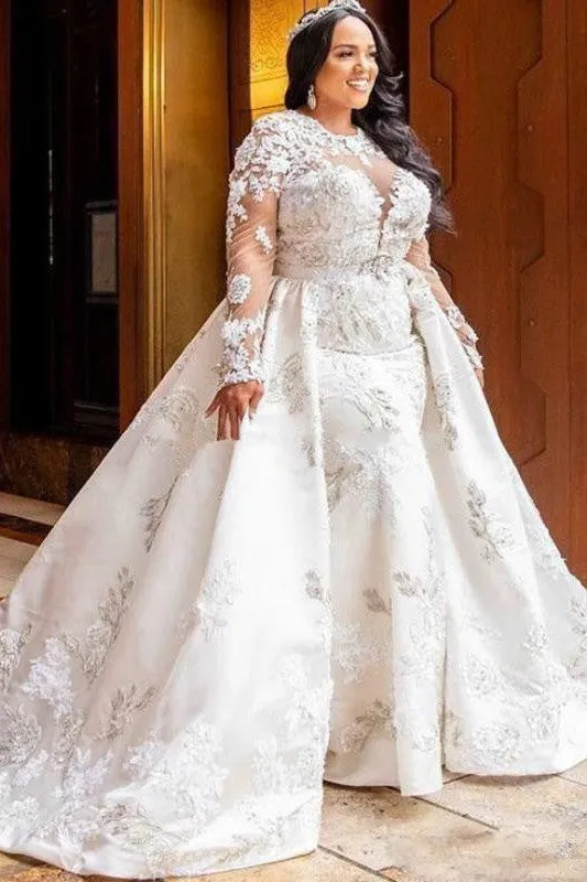 Long Sleeves Lace White Mermaid Bridal Gowns with Trendy Overskirt