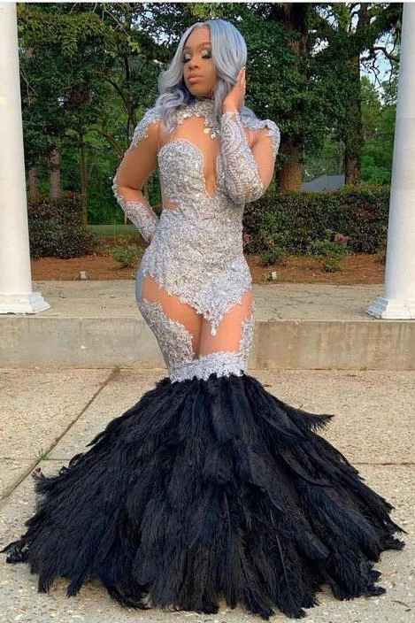 Long Sleevess Lace Appliques Illusion Fur Train Mermaid Silver Prom Dresses