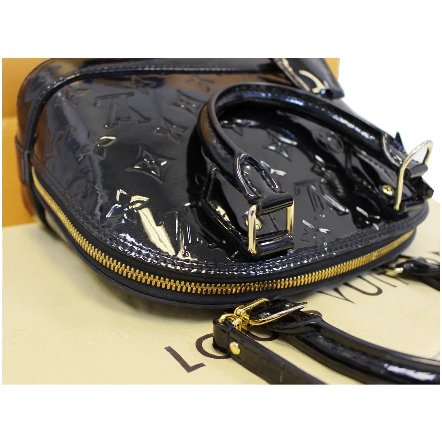 LOUIS VUITTON Alma BB Monogram Vernis Satchel Crossbody Bag Black