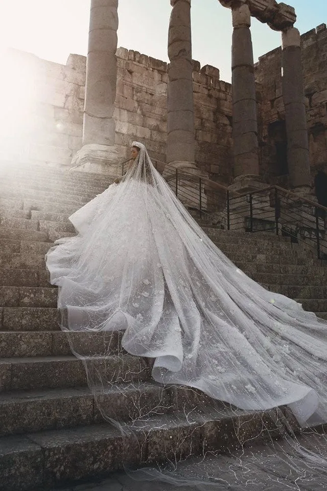 Luxurious Beading Floral Bridal Gowns Sheer Neck Long Sleevess Ball Gown Wedding Dresses