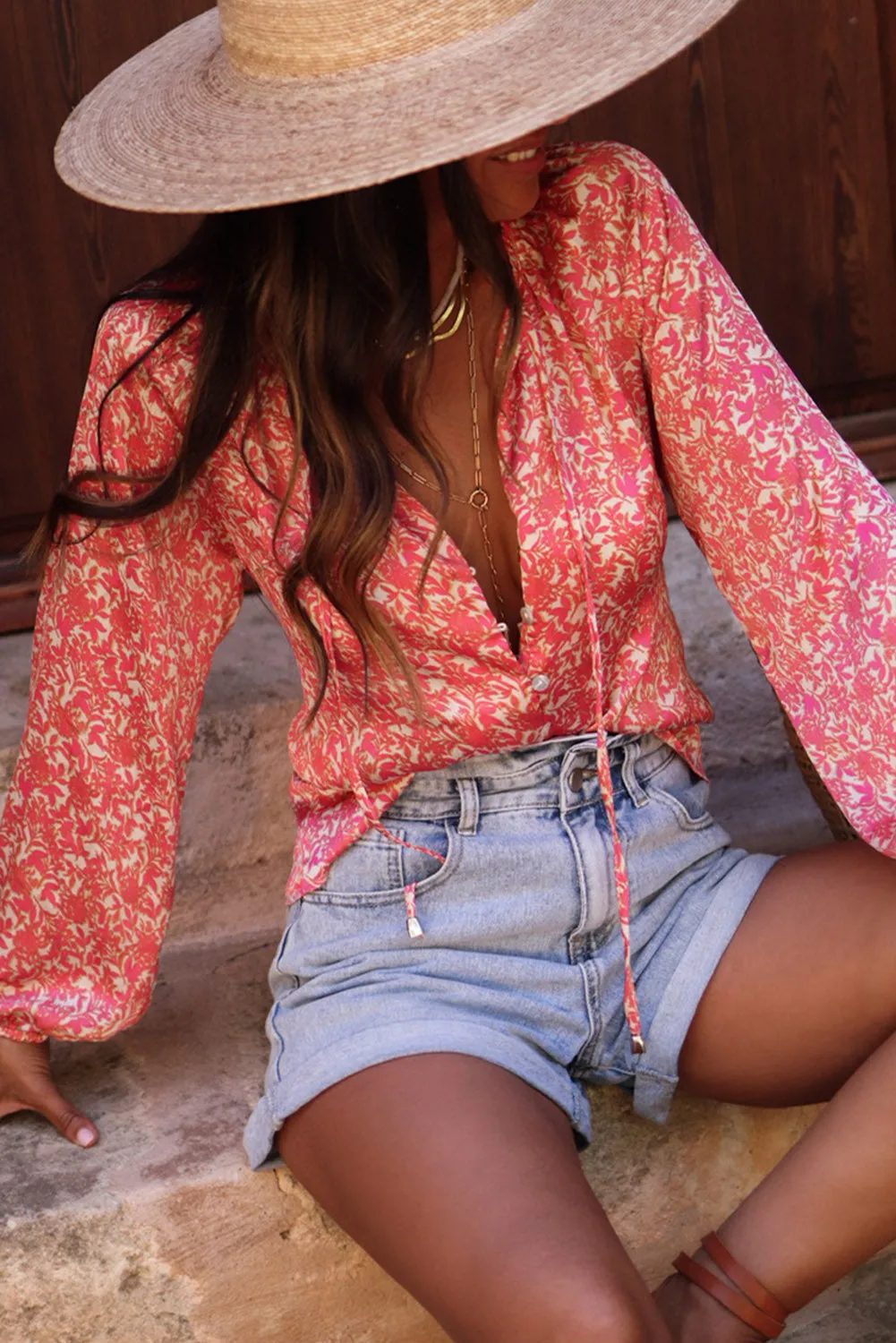 Lyra Floral Tie Neck Balloon Sleeve Shirt