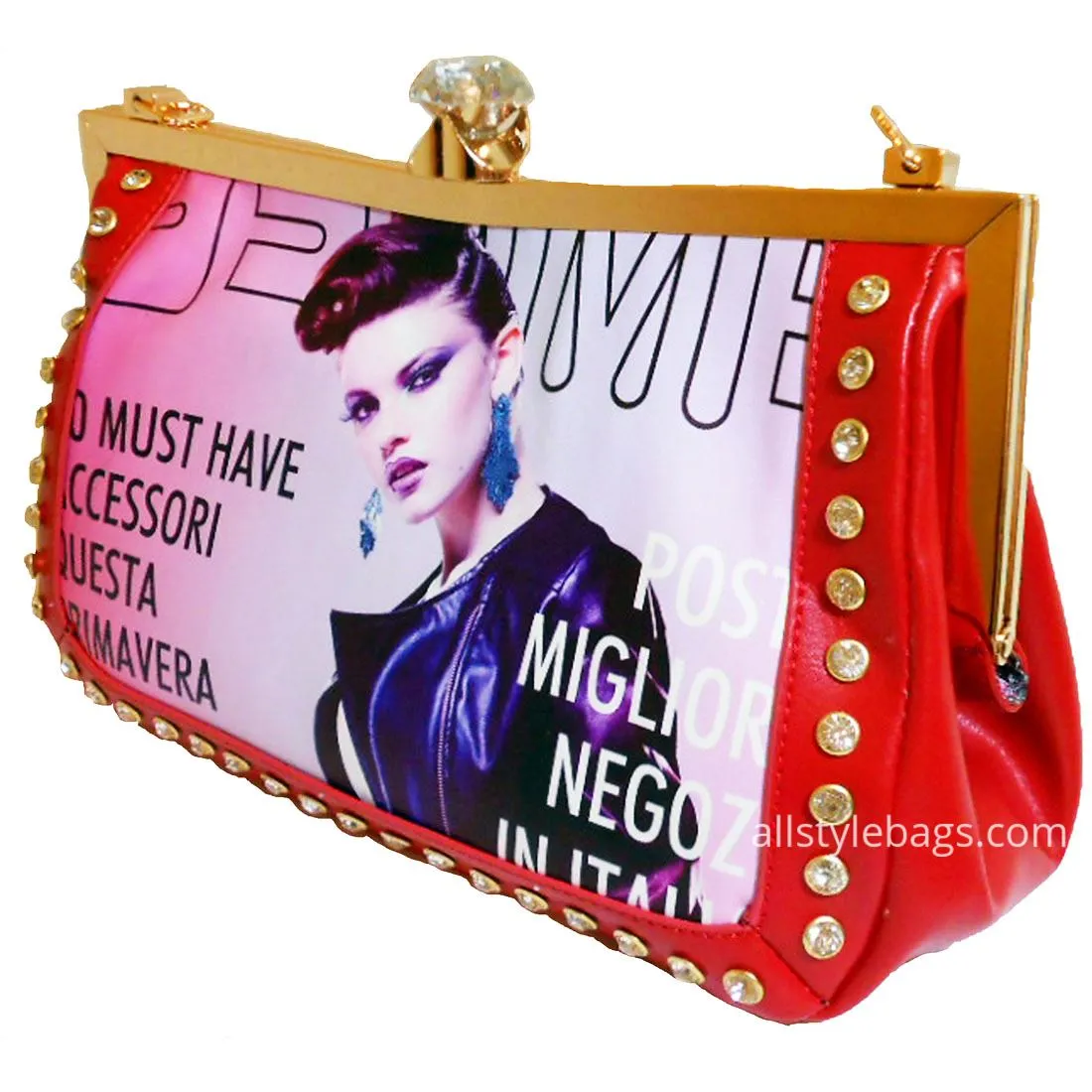 Magazine image evening clutch satchel shoulder bag red cover photo rhinestone