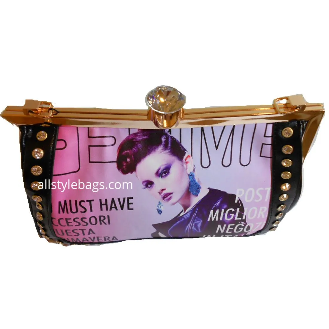 Magazine image evening clutch satchel shoulder bag red cover photo rhinestone