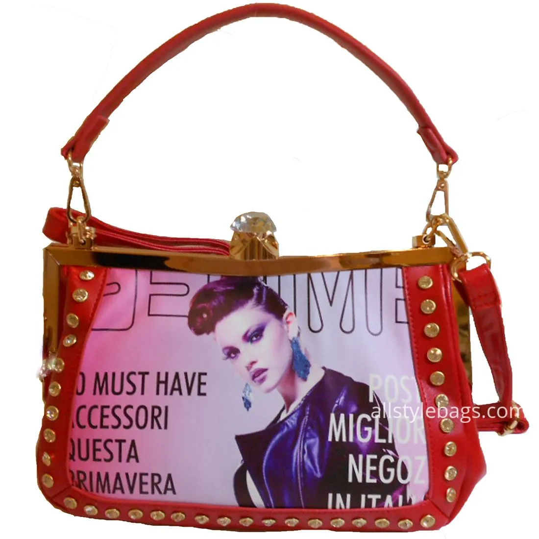 Magazine image evening clutch satchel shoulder bag red cover photo rhinestone