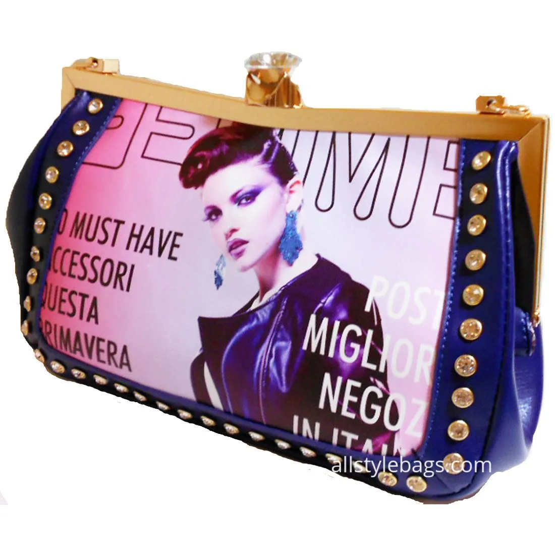 Magazine image evening clutch satchel shoulder bag red cover photo rhinestone