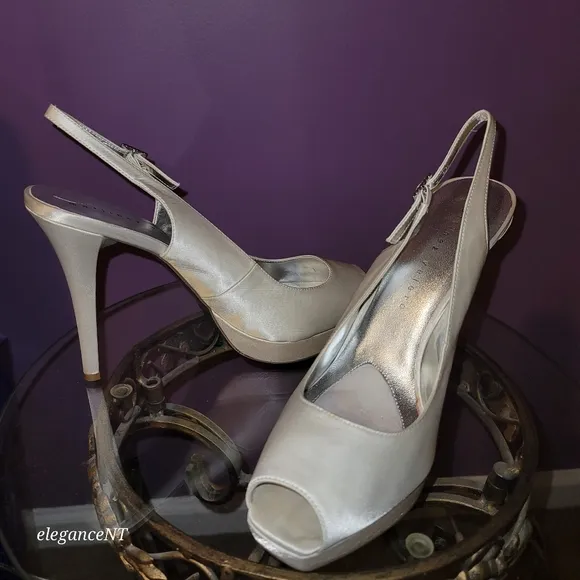 Martinez Valero Ivory (Rita) Satin Platform Peep Toe Sling back Heels Sz: 10 M