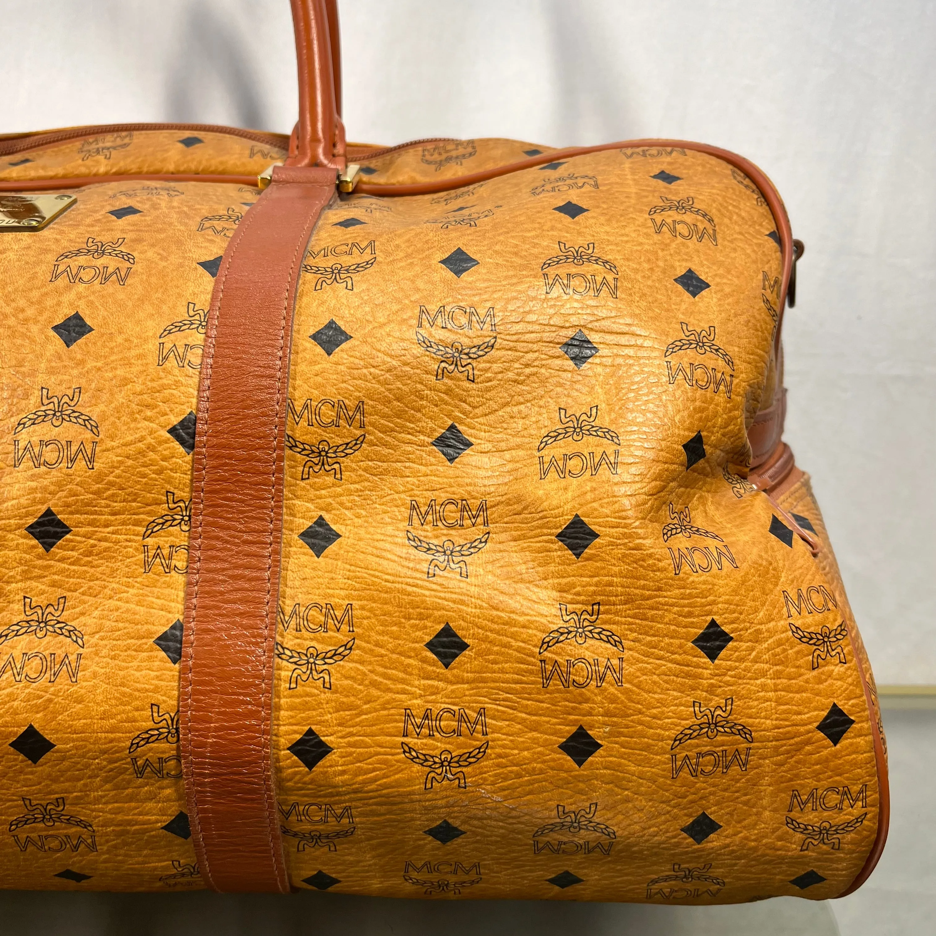 MCM Cognac Visetos Monogram Canvas Duffle Bag